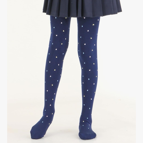 Navy Heart Patterned Kids Fleece Tights - Picture 4 of 6